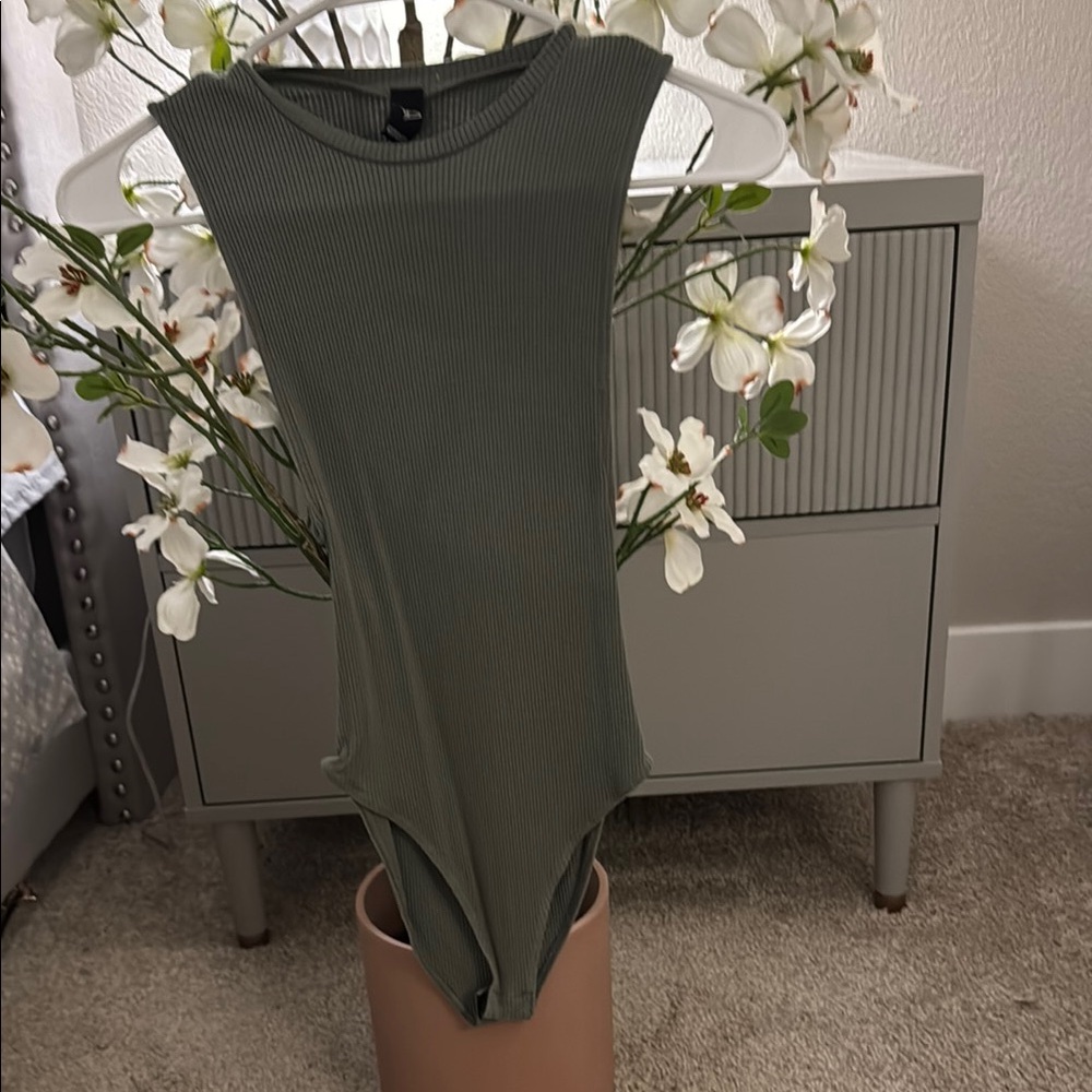 Olive Ribbed Sleeveless Bodysuit
